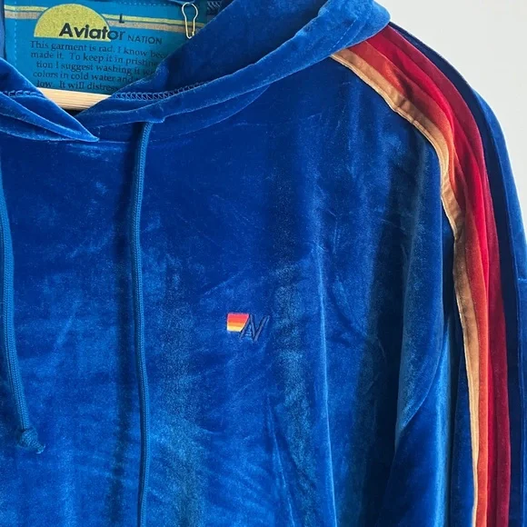 AVIATOR NATION Royal Blue Velour Hoodie with Stripes Women’s Size L NWT - Picture 3 of 11
